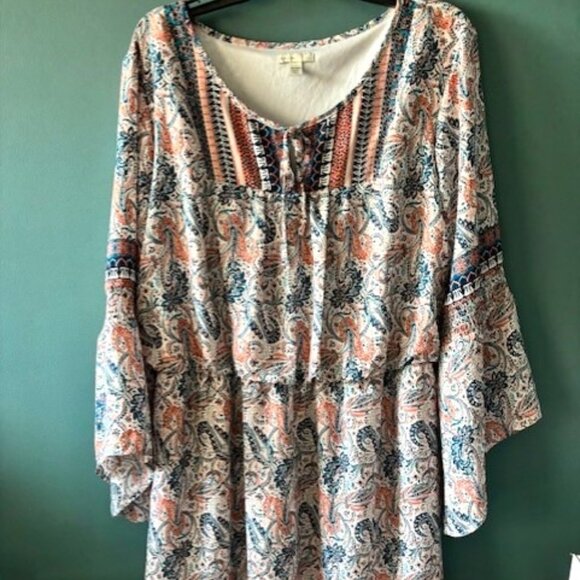 Est 1946 Dresses & Skirts - Est 1946 Women's 18/20 W Blue Peach V Neck Peasant Bell Sleeve Boho Drop Waist